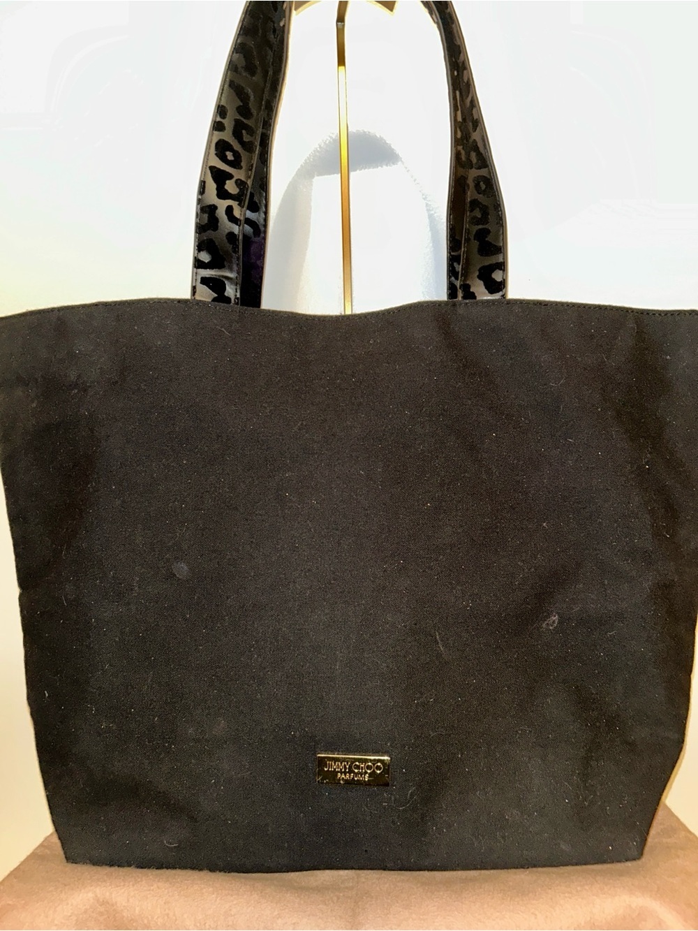 Jimmy Choo Black Canvas GLITTER Tote with Leopard-Print Handles